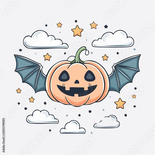 Halloween Pumpkin with Bat Wings and Clouds