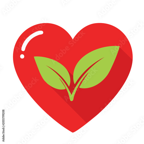 Red heart with green sprout and long shadow
