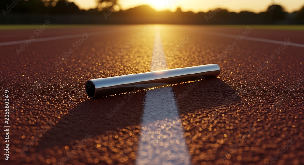 Obraz premium Close up de um bastão de revezamento na pista com o conceito de reflexo do sol em uma competição.