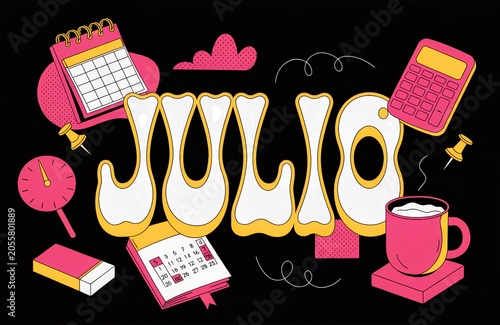 Julio texto en ilustración con elementos de calendario