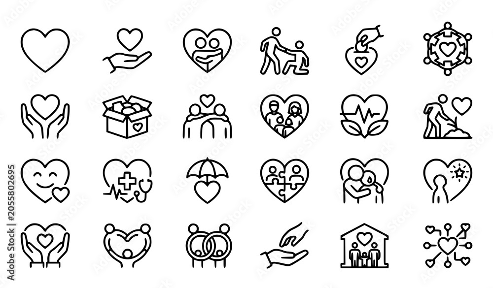 Fototapeta premium Editable Stroke Heart Outline Icons Set for Love Care Charity Community Support and Volunteer Vector Collection