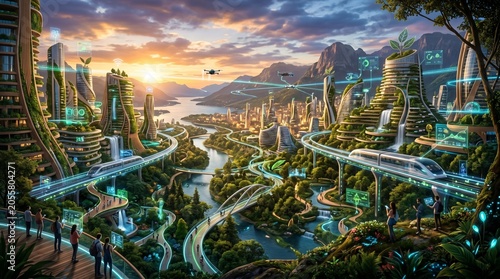 Futuristic eco-friendly city ecosystem with sustainable green architecture, high-speed modern transport, and bioluminescent energy network integrated seamlessly with nature at beautiful sunrise.