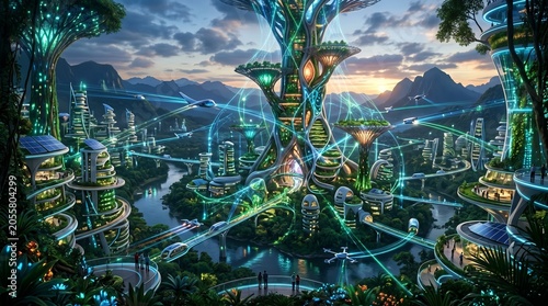 Futuristic eco-friendly city ecosystem with sustainable green architecture, high-speed modern transport, and bioluminescent energy network integrated seamlessly with nature at beautiful sunrise.