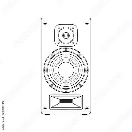 Black and white line drawing of a rectangular bookshelf speaker with tweeter woofer and port