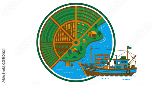 Foto Circular emblem featuring agricultural fields and traditional fishing boat