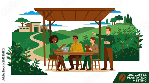 Business people meeting at outdoor coffee plantation pavilion.