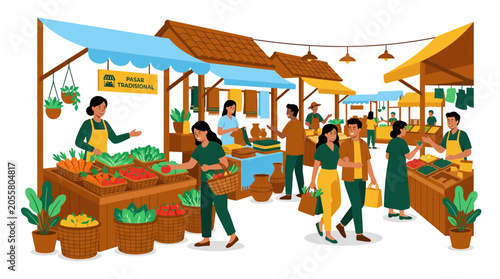 Bustling traditional market with vendors selling fresh produce.