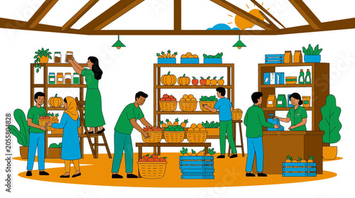 Busy indoor agricultural market stall with fresh harvested produce.
