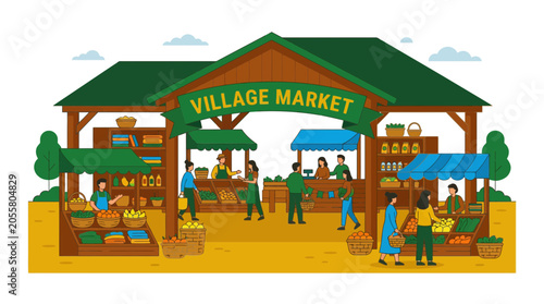 Bustling traditional village market with vendors and customers shopping.