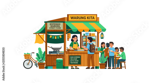 Busy outdoor street food stall with people eating.