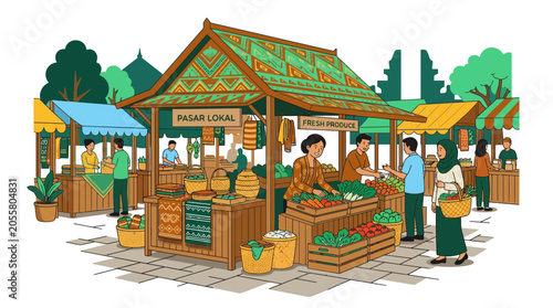 Bustling traditional outdoor market with vendors and fresh produce.