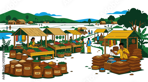 Busy traditional outdoor market in a rural village.