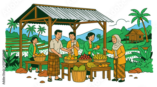 Busy outdoor village market with local farmers and vendors