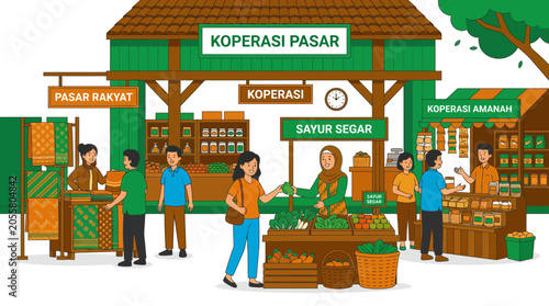 Busy traditional village market cooperative with people shopping.