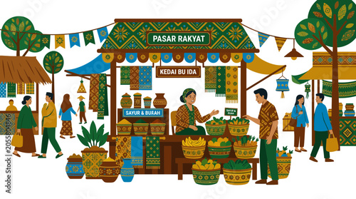 Busy traditional outdoor market scene with textile and grocery.