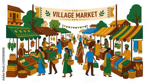 Busy village market street scene with traditional food stalls.