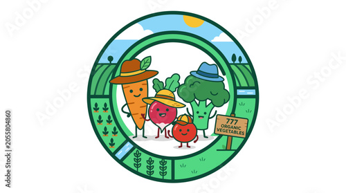 Cartoon vegetable characters in a circular organic produce emblem.