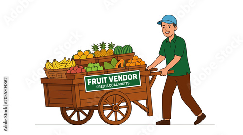 Cartoon illustration of a street fruit vendor with cart.