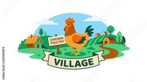 Chicken poultry logo with rural village landscape background