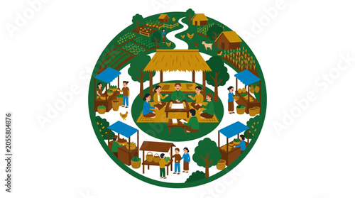 Circular collage of various village market and farming activities.
