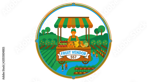 Circular badge illustration of organic fruit vendor market stall.