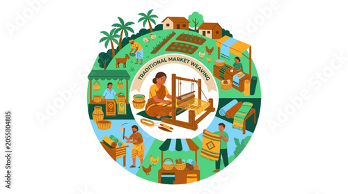 Circular collage of traditional weaving and local market scenes.