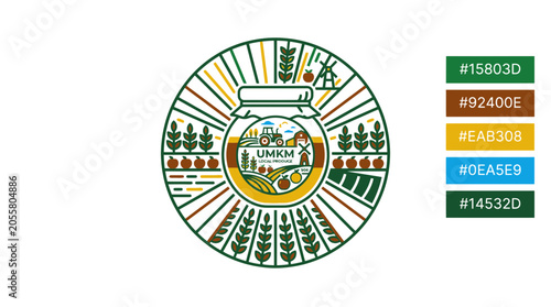 Circular emblem design for organic jam featuring various agricultural icons.