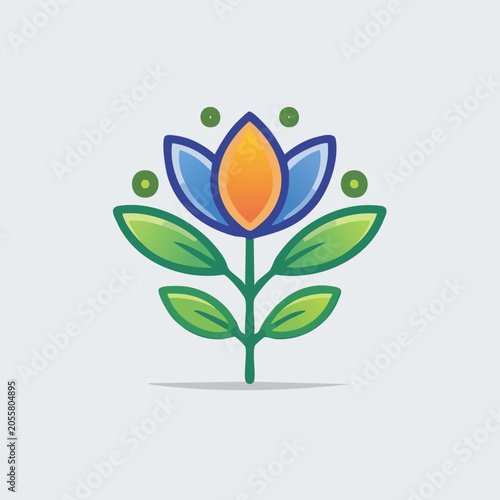 Stylized Flower Logo Design with Green Leaves and Blue Petals.