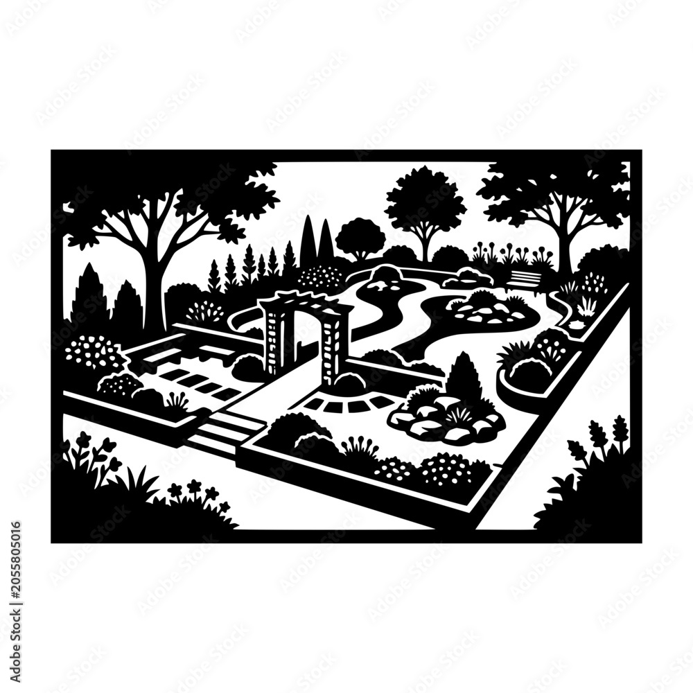Obraz premium black and white papercut style garden landscape illustration with trees and paths