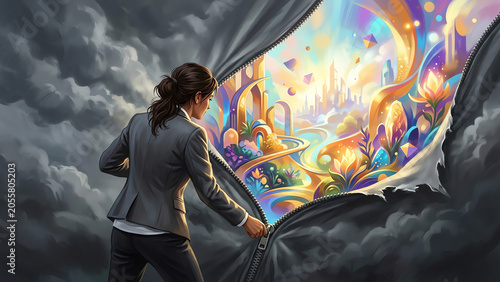 Businesswoman Unzipping Dark Clouds to Reveal a Bright Future Cityscape for Innovation and Success