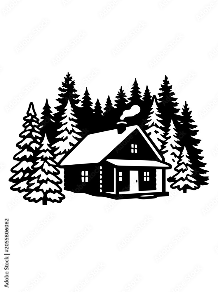 Fototapeta premium Log Cabin in Pine Forest Stencil Vector Art