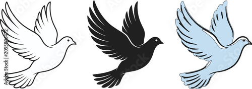Three flying doves in white black and blue on a white background