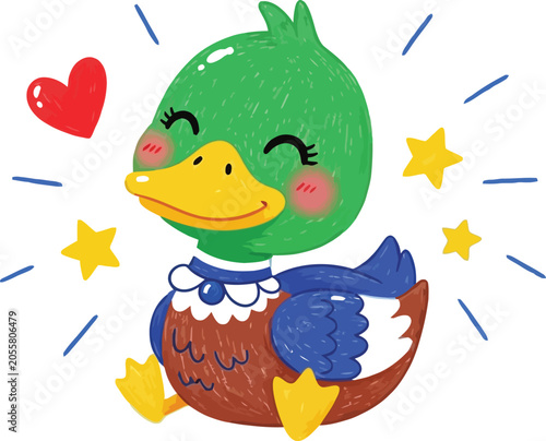Charming cartoon duckling with heart and stars isolated vector illustration for children's designs