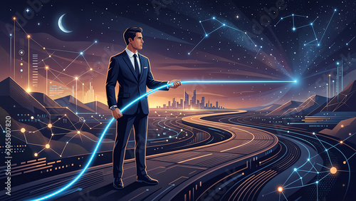 Businessman Drawing Futuristic Data Path for Digital Strategy Illustration