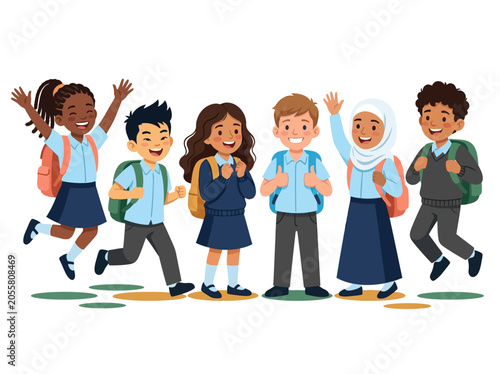 Diverse Multi-Ethnic Group of School Children in Uniform Jumping for Joy Illustration