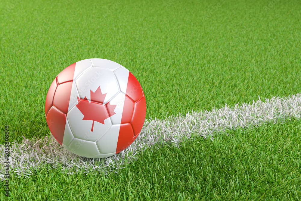 Naklejka premium Football / soccer ball with a flag overlay of Canada match and national team of Canada concept
