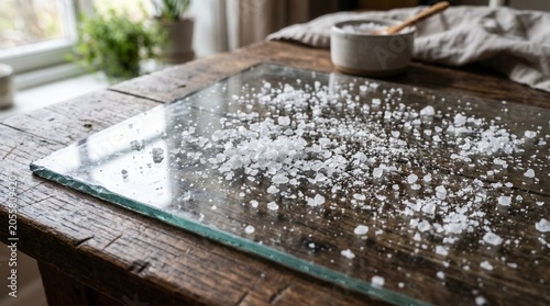 Macro shot of coarse sea salt scattered on a glass board over a rustic dark wooden table.