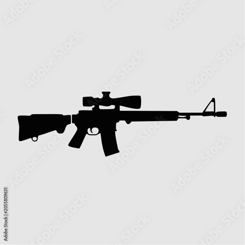 Black silhouette of a sniper rifle with scope on a plain white