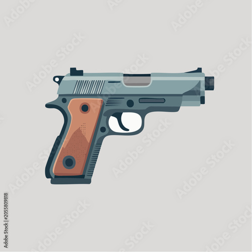 Modern semi-automatic pistol with brown grip isolated on gray