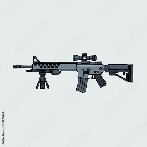 Modern black assault rifle with scope and bipod isolated on white