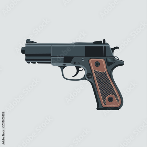 Realistic black pistol with brown grip handle vector illustration