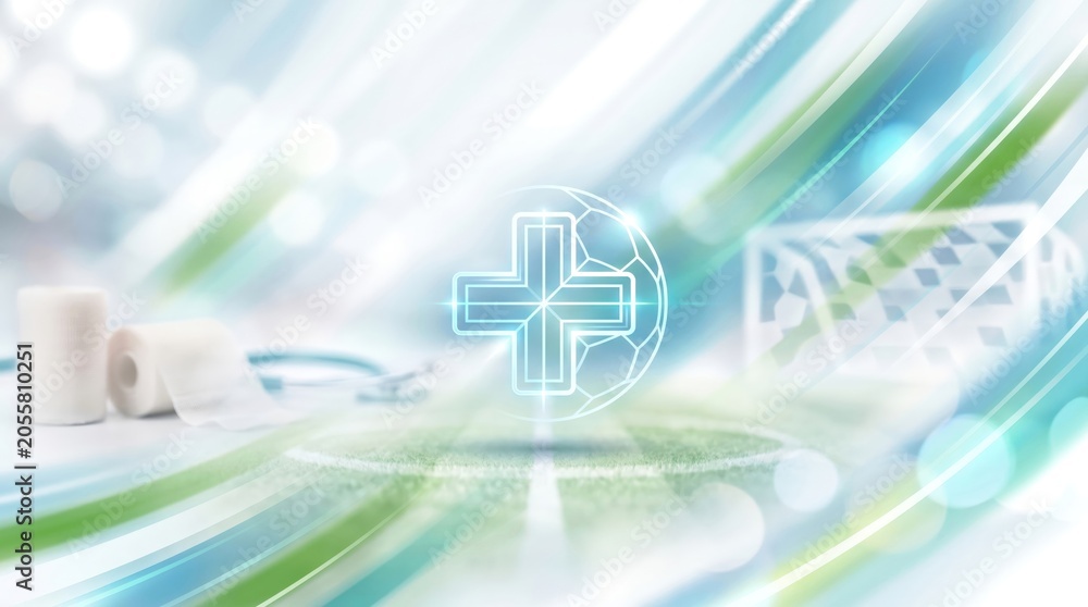 Fototapeta premium Sports medicine and physiotherapy concept with medical cross and soccer ball symbol, professional athletic injury treatment, rehabilitation and healthcare for football players