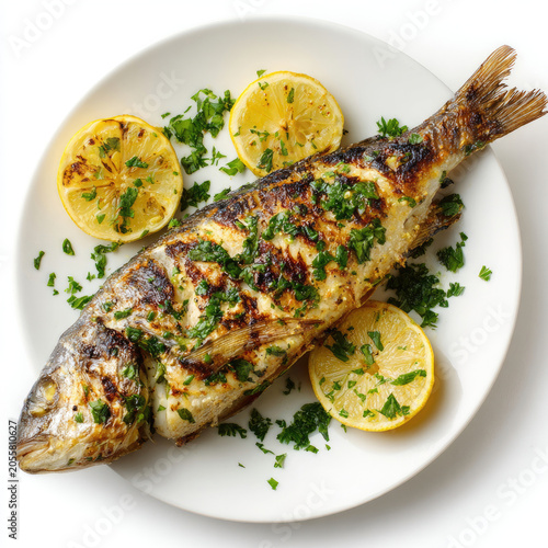 Grilled Whole Fish with Lemon and Herbs on White Plate.