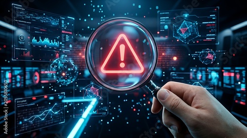High tech cyber security forensics inspector using magnifying glass to analyze glowing red warning triangle on futuristic data interface and network map