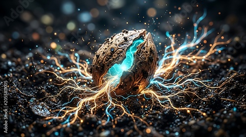 Glowing magical seed pod cracking open with vibrant blue and orange energy roots spreading in dark soil representing biotechnology and life origin