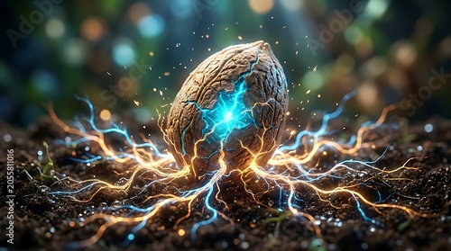 Brain shaped walnut shell bursting with glowing blue neural energy and orange roots in soil symbolizing artificial intelligence and mind growth