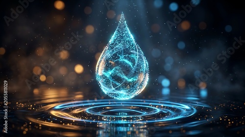 Futuristic glowing digital water drop made of luminous particles hovering above rippling liquid surface with bokeh background