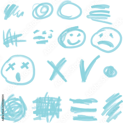 Vector set of blue marker doodles: smiley faces, crosses, checkmarks, circles, strikethroughs and lines. Clean design, isolated on white background