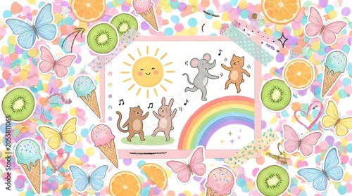 Sticker art scrapbook background with cute animals rainbow and colorful ice cream icons.