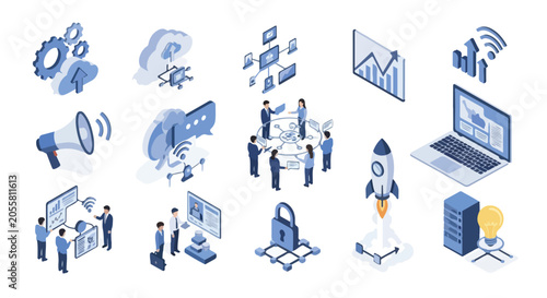 A collection of blue isometric icons illustrating modern business concepts like cloud computing, data analytics, teamwork, and digital security.